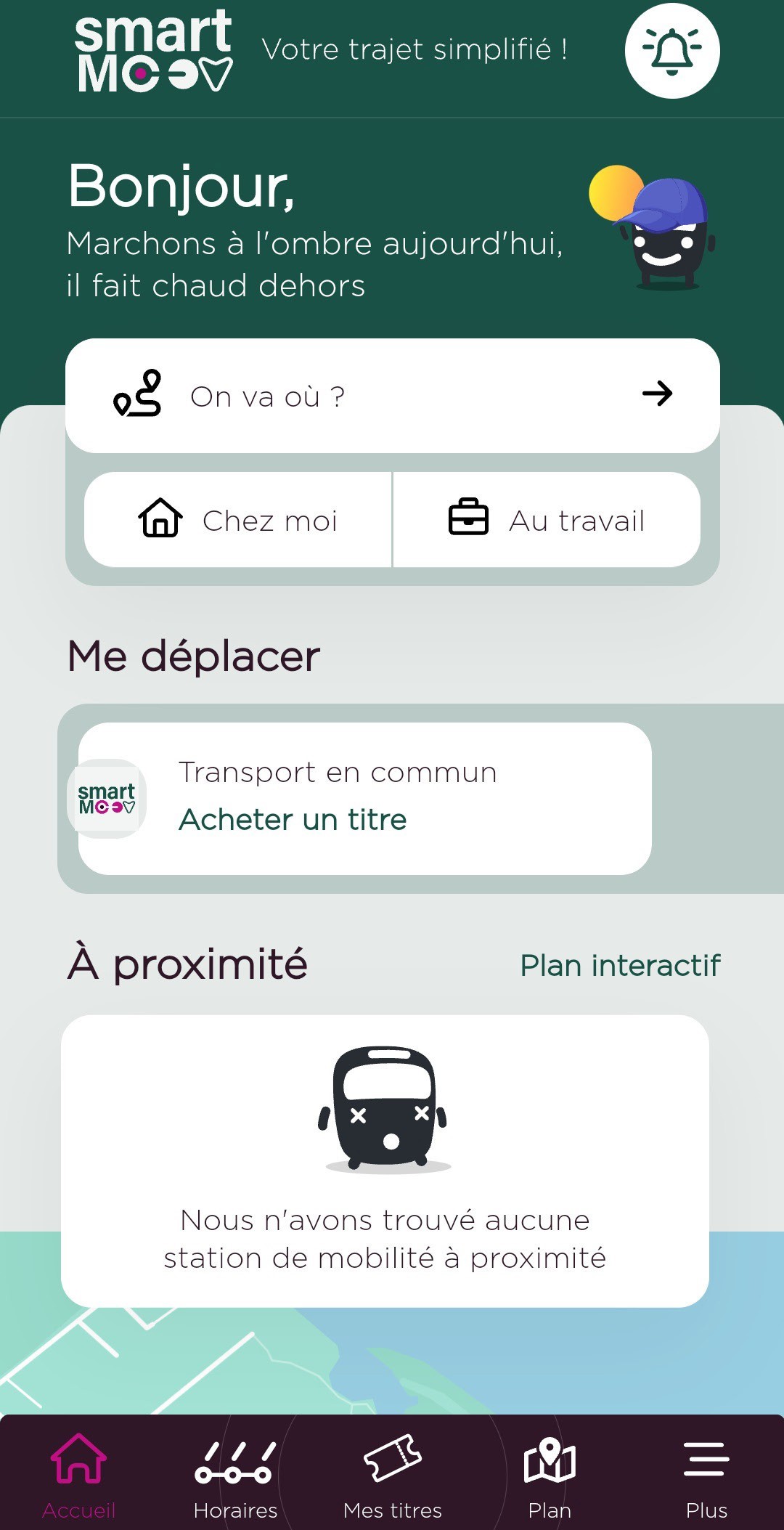 Page d'accueil de l'application Smart Moov